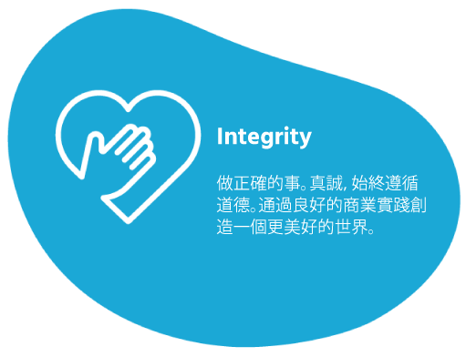 Integrity 做正確的事。真誠，始終遵循道德。通過良好的商業實踐創造一個更美好的世界。